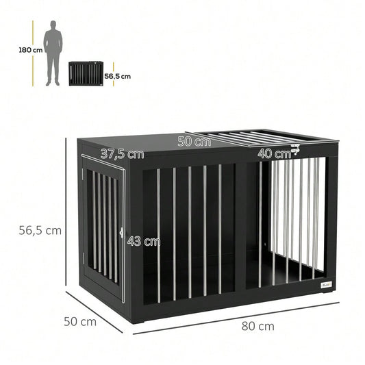PawHut Hundekäfig für Zuhause, Hundehütte, Haustierkäfig für mittelgroße Hunde, Hundebox mit Türen, Hundehaus, Transportkäfig, Schwarz, 80 x 50 x 56,5 cm