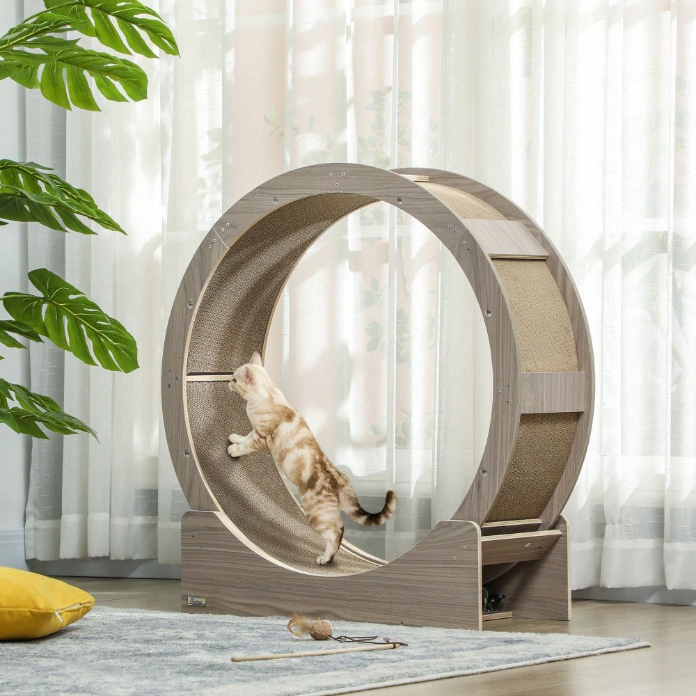 Katzenlaufrad mit Bremse, 91 cm Durchmesser, inklusive Kratzbrett, für gesunde Bewegung & Entspannung, nussbaum - von PawHut