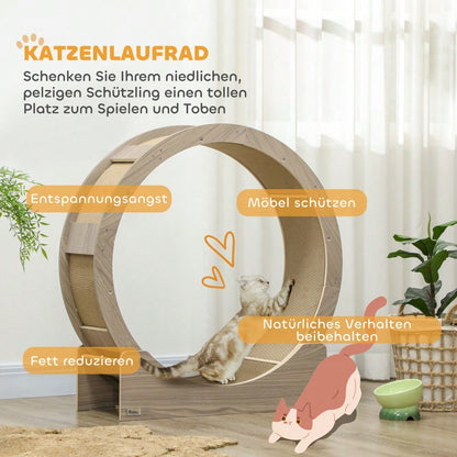 Katzenlaufrad mit Bremse, 91 cm Durchmesser, inklusive Kratzbrett, für gesunde Bewegung & Entspannung, nussbaum - von PawHut