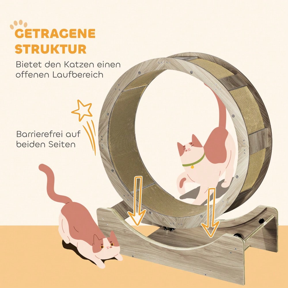 Katzenlaufrad mit Bremse, 91 cm Durchmesser, inklusive Kratzbrett, für gesunde Bewegung & Entspannung, nussbaum - von PawHut