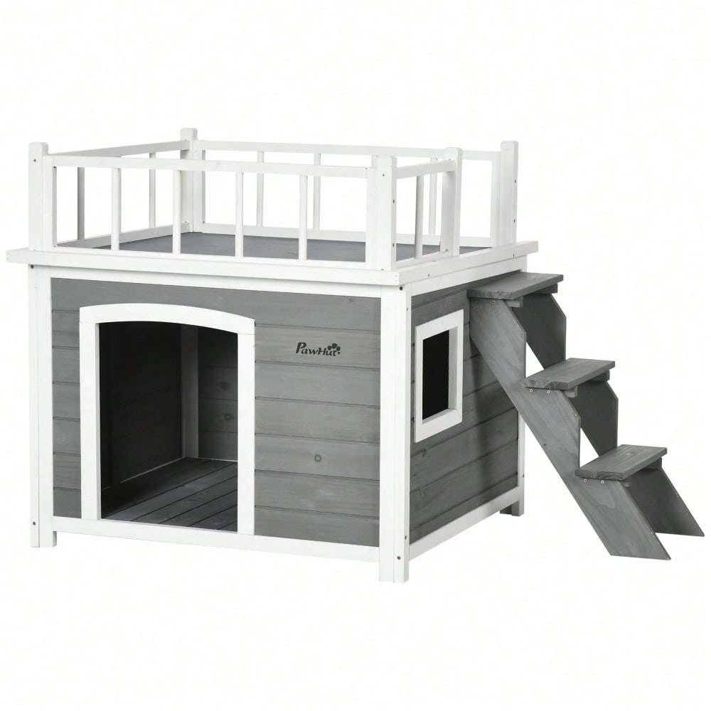 Hundehütte mit Balkon & Treppe aus Tannenholz, erhöhtes Design mit Fenster, für mittelgroße & große Hunde, wetterfest - von PawHut