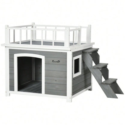 Hundehütte mit Balkon & Treppe aus Tannenholz, erhöhtes Design mit Fenster, für mittelgroße & große Hunde, wetterfest - von PawHut