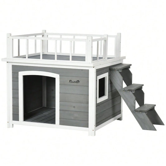 Hundehütte mit Balkon & Treppe aus Tannenholz, erhöhtes Design mit Fenster, für mittelgroße & große Hunde, wetterfest - von PawHut