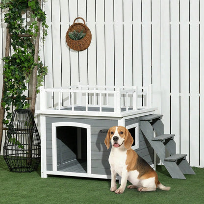 Hundehütte mit Balkon & Treppe aus Tannenholz, erhöhtes Design mit Fenster, für mittelgroße & große Hunde, wetterfest - von PawHut