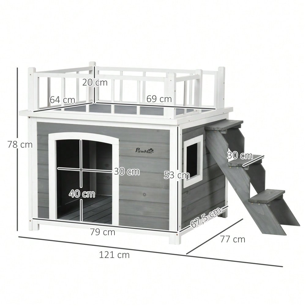 Hundehütte mit Balkon & Treppe aus Tannenholz, erhöhtes Design mit Fenster, für mittelgroße & große Hunde, wetterfest - von PawHut
