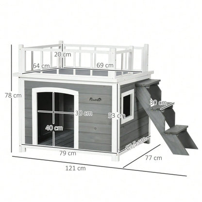Hundehütte mit Balkon & Treppe aus Tannenholz, erhöhtes Design mit Fenster, für mittelgroße & große Hunde, wetterfest - von PawHut