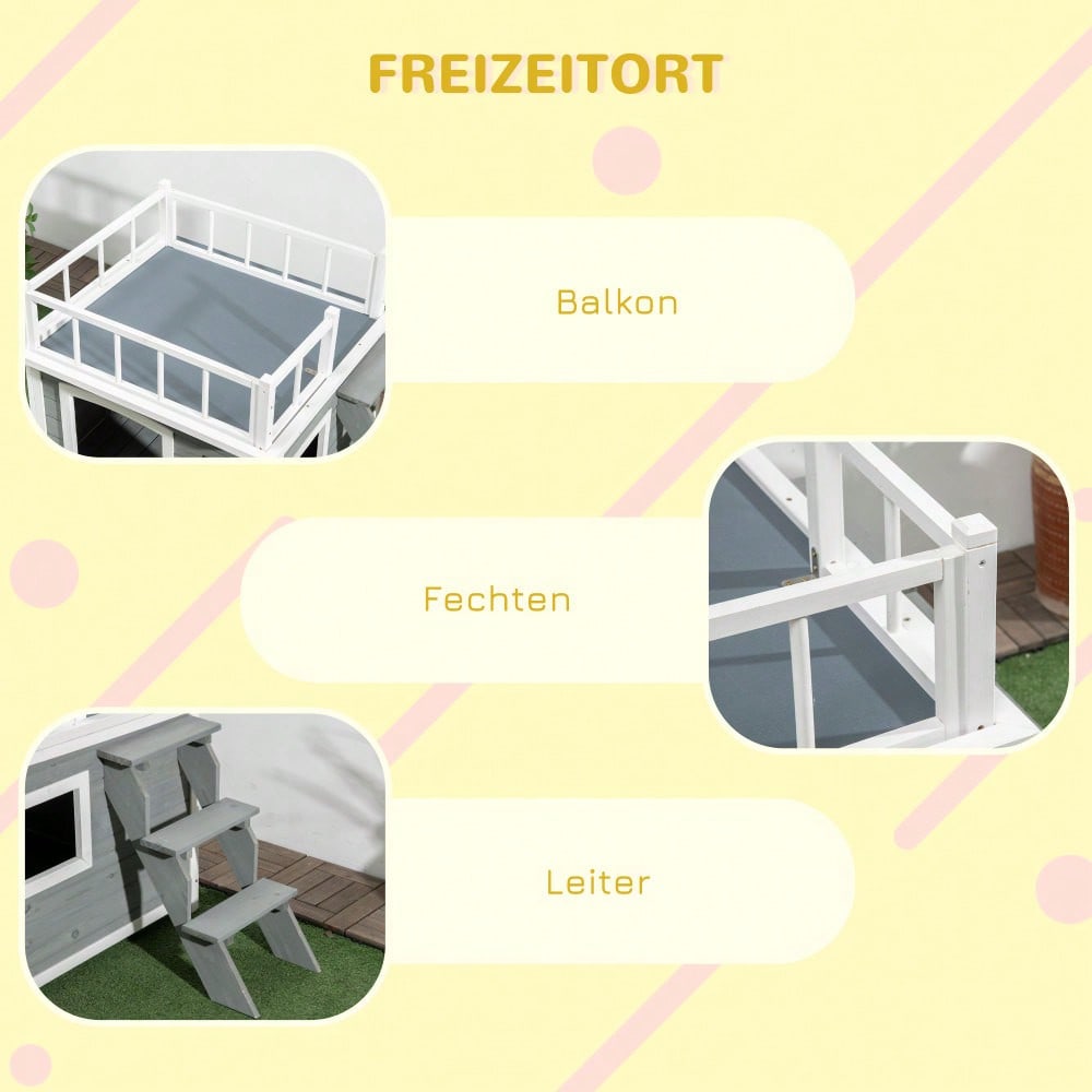 Hundehütte mit Balkon & Treppe aus Tannenholz, erhöhtes Design mit Fenster, für mittelgroße & große Hunde, wetterfest - von PawHut