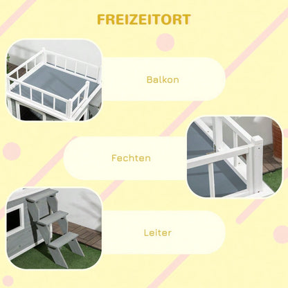Hundehütte mit Balkon & Treppe aus Tannenholz, erhöhtes Design mit Fenster, für mittelgroße & große Hunde, wetterfest - von PawHut