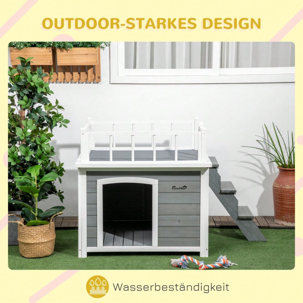 Hundehütte mit Balkon & Treppe aus Tannenholz, erhöhtes Design mit Fenster, für mittelgroße & große Hunde, wetterfest - von PawHut