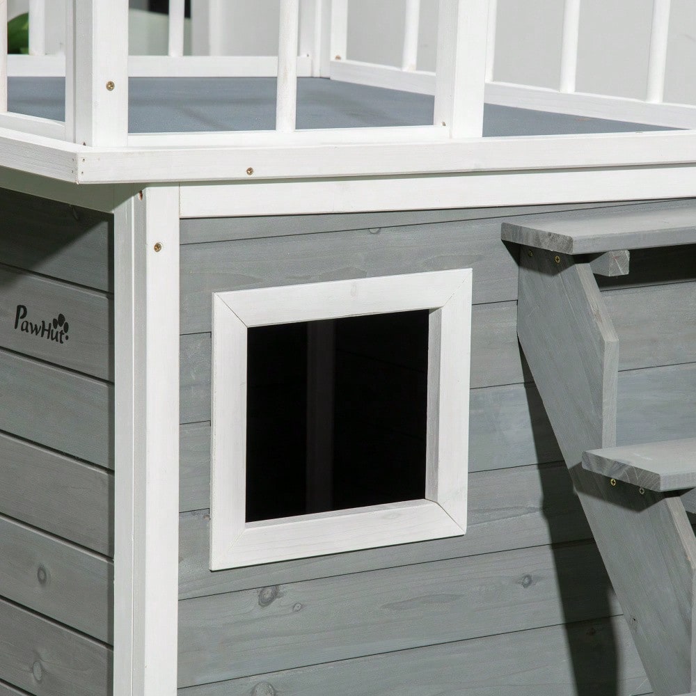 Hundehütte mit Balkon & Treppe aus Tannenholz, erhöhtes Design mit Fenster, für mittelgroße & große Hunde, wetterfest - von PawHut