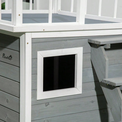 Hundehütte mit Balkon & Treppe aus Tannenholz, erhöhtes Design mit Fenster, für mittelgroße & große Hunde, wetterfest - von PawHut