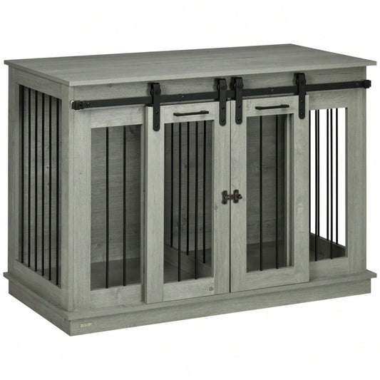 Hundekäfig für mittelgroße Hunde mit 2 Räumen & Doppeltüren, 120x60x88,5 cm, graue Hundebox als transportabler Zwinger und Hundehütte - von PawHut