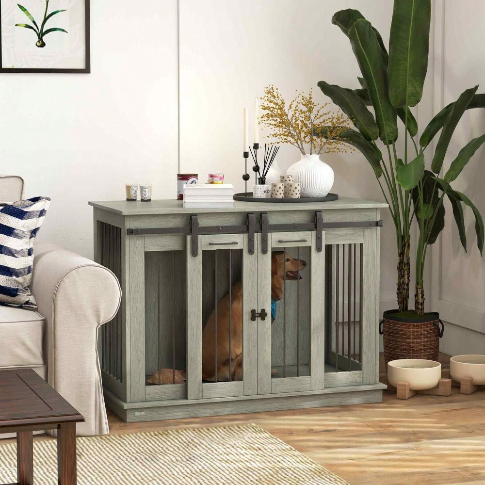 Hundekäfig für mittelgroße Hunde mit 2 Räumen & Doppeltüren, 120x60x88,5 cm, graue Hundebox als transportabler Zwinger und Hundehütte - von PawHut