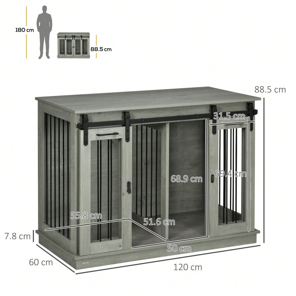Hundekäfig für mittelgroße Hunde mit 2 Räumen & Doppeltüren, 120x60x88,5 cm, graue Hundebox als transportabler Zwinger und Hundehütte - von PawHut