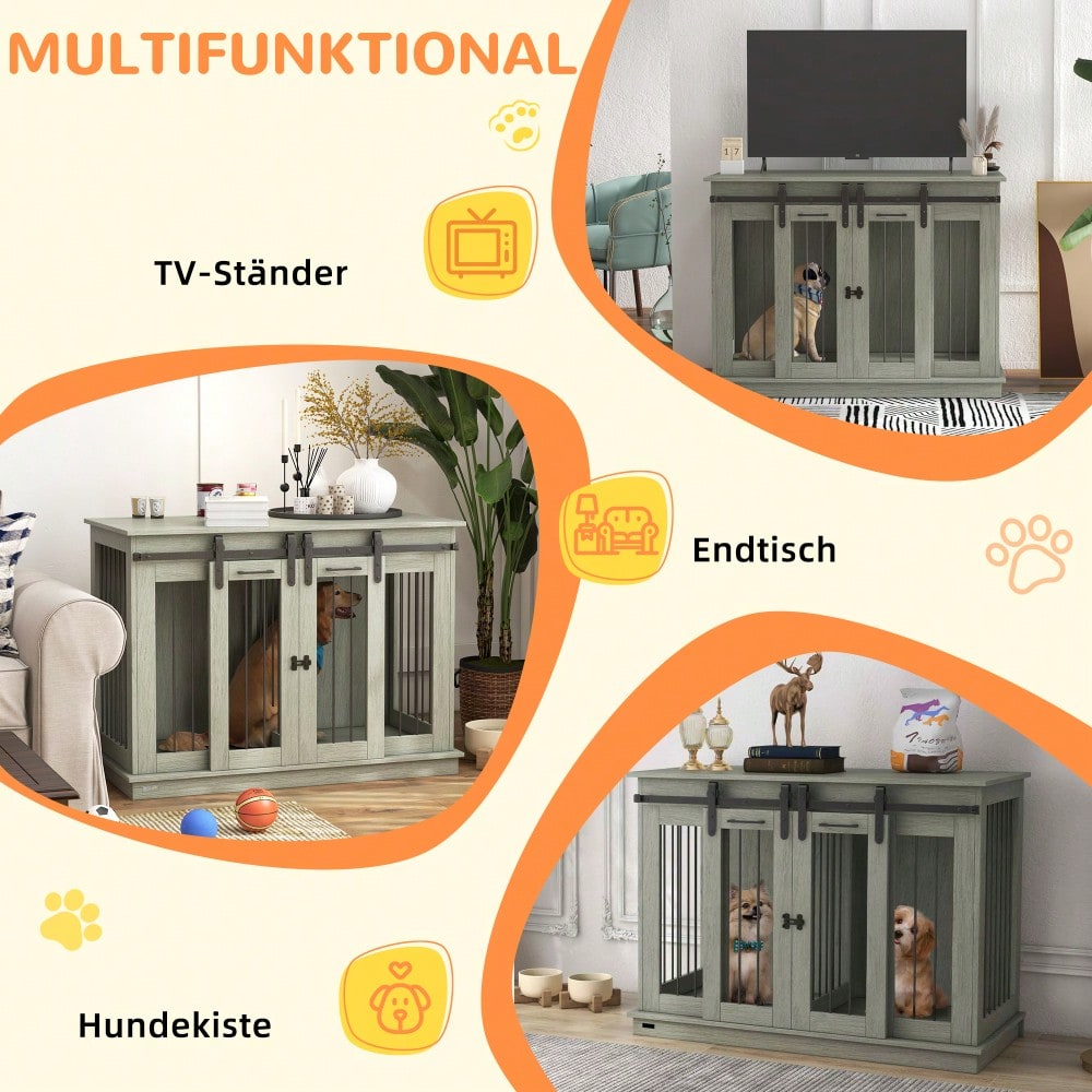 Hundekäfig für mittelgroße Hunde mit 2 Räumen & Doppeltüren, 120x60x88,5 cm, graue Hundebox als transportabler Zwinger und Hundehütte - von PawHut