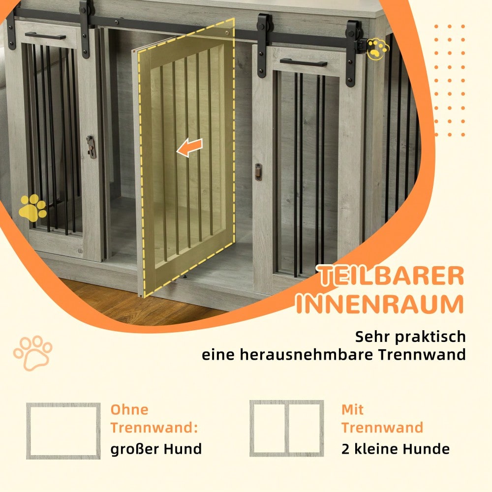 Hundekäfig für mittelgroße Hunde mit 2 Räumen & Doppeltüren, 120x60x88,5 cm, graue Hundebox als transportabler Zwinger und Hundehütte - von PawHut