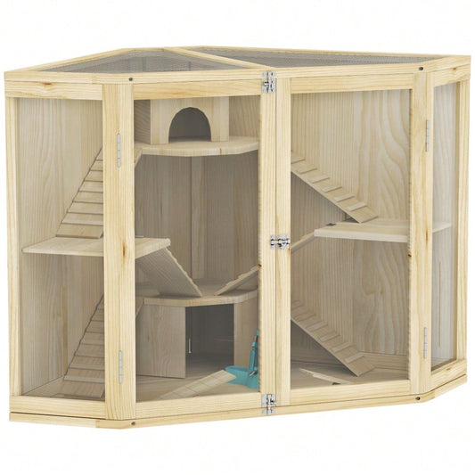 Hamsterkäfig aus Holz mit 4 Etagen, Komplett-Set mit Futterspender, Wippe, Rampen & Häusern, für syrische und zwerg Hamster, 115x69,5x79 cm - Nagerkäfig von PawHut
