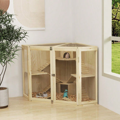 Hamsterkäfig aus Holz mit 4 Etagen, Komplett-Set mit Futterspender, Wippe, Rampen & Häusern, für syrische und zwerg Hamster, 115x69,5x79 cm - Nagerkäfig von PawHut