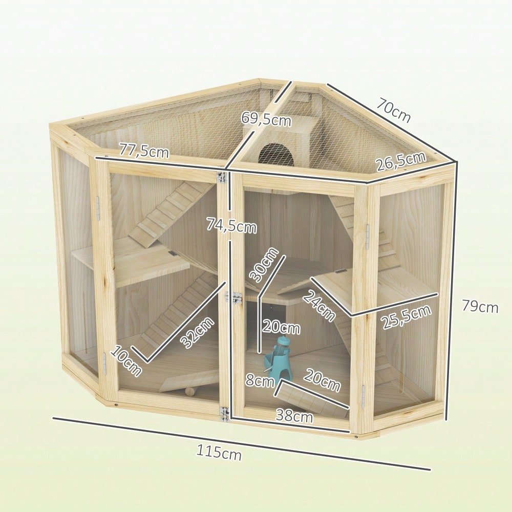 Hamsterkäfig aus Holz mit 4 Etagen, Komplett-Set mit Futterspender, Wippe, Rampen & Häusern, für syrische und zwerg Hamster, 115x69,5x79 cm - Nagerkäfig von PawHut
