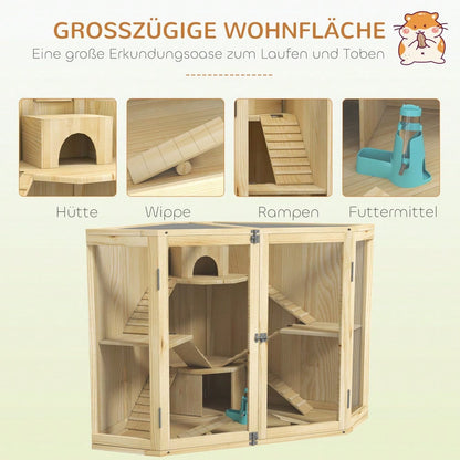 Hamsterkäfig aus Holz mit 4 Etagen, Komplett-Set mit Futterspender, Wippe, Rampen & Häusern, für syrische und zwerg Hamster, 115x69,5x79 cm - Nagerkäfig von PawHut