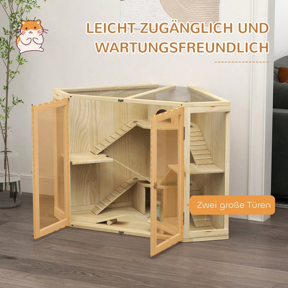 Hamsterkäfig aus Holz mit 4 Etagen, Komplett-Set mit Futterspender, Wippe, Rampen & Häusern, für syrische und zwerg Hamster, 115x69,5x79 cm - Nagerkäfig von PawHut