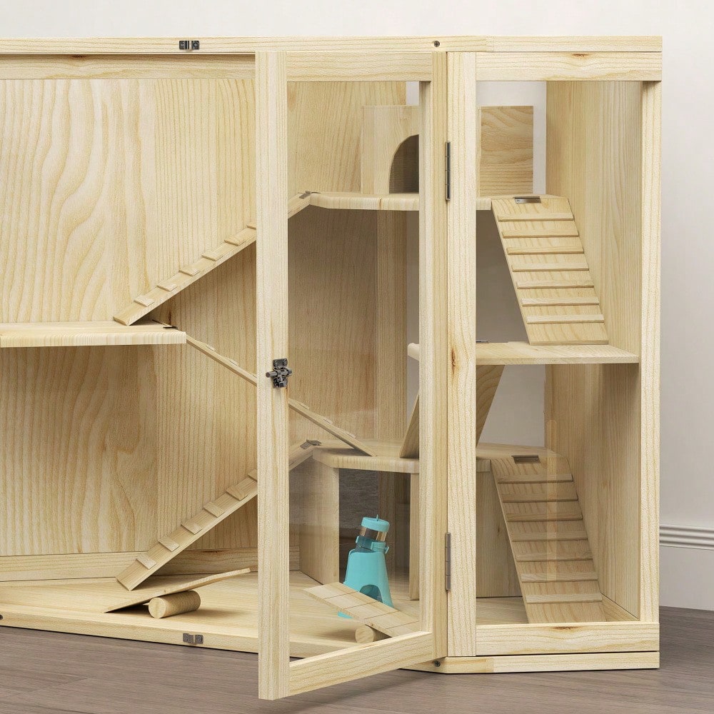 Hamsterkäfig aus Holz mit 4 Etagen, Komplett-Set mit Futterspender, Wippe, Rampen & Häusern, für syrische und zwerg Hamster, 115x69,5x79 cm - Nagerkäfig von PawHut