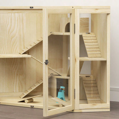 Hamsterkäfig aus Holz mit 4 Etagen, Komplett-Set mit Futterspender, Wippe, Rampen & Häusern, für syrische und zwerg Hamster, 115x69,5x79 cm - Nagerkäfig von PawHut