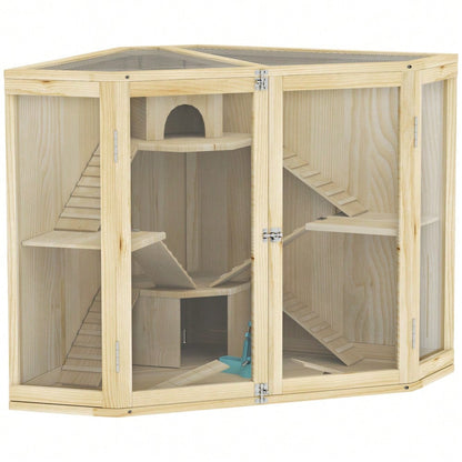 Hamsterkäfig aus Holz mit 4 Etagen, Komplett-Set mit Futterspender, Wippe, Rampen & Häusern, für syrische und zwerg Hamster, 115x69,5x79 cm - Nagerkäfig von PawHut