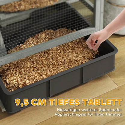 Zwerghamsterkäfig aus Holz mit 4 Etagen, 65x45x109 cm Nagerheim inkl. Hütten, Wippe, Futternäpfen & Rampen, mit Rollen & Schloss - grau von PawHut