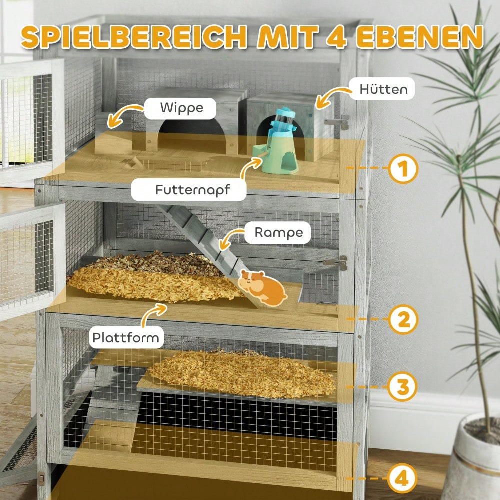 Zwerghamsterkäfig aus Holz mit 4 Etagen, 65x45x109 cm Nagerheim inkl. Hütten, Wippe, Futternäpfen & Rampen, mit Rollen & Schloss - grau von PawHut