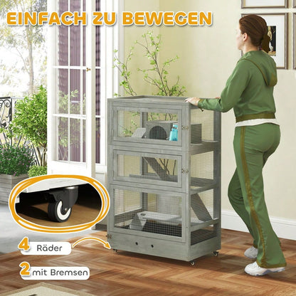 Zwerghamsterkäfig aus Holz mit 4 Etagen, 65x45x109 cm Nagerheim inkl. Hütten, Wippe, Futternäpfen & Rampen, mit Rollen & Schloss - grau von PawHut