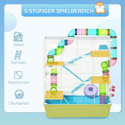 5-Etagen Kleintierkäfig mit Laufrad & Rampe, Nagerkäfig inkl. Futternapf, Trinkflasche & Zubehör, 59x36x69 cm, hellblau/weiß von PawHut