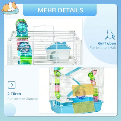 5-Etagen Kleintierkäfig mit Laufrad & Rampe, Nagerkäfig inkl. Futternapf, Trinkflasche & Zubehör, 59x36x69 cm, hellblau/weiß von PawHut