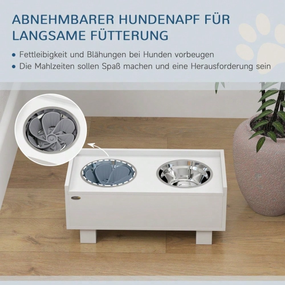 Erhöhte Hundefutterstation mit Slow-Feeder & 2 Aluminiumschüsseln, höhenverstellbarer Napfständer mit Staufach, schont Gelenke & Nacken, weiß - von PawHut