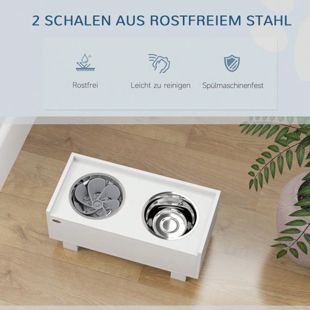 Erhöhte Hundefutterstation mit Slow-Feeder & 2 Aluminiumschüsseln, höhenverstellbarer Napfständer mit Staufach, schont Gelenke & Nacken, weiß - von PawHut