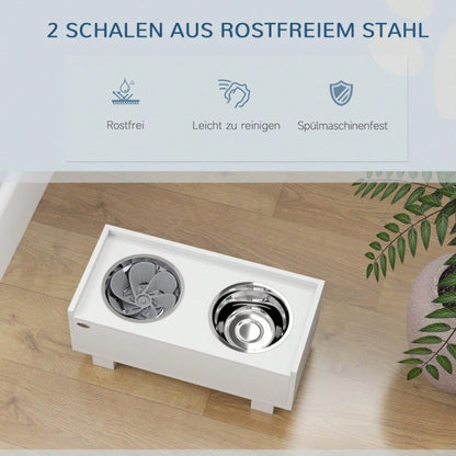 Erhöhte Hundefutterstation mit Slow-Feeder & 2 Aluminiumschüsseln, höhenverstellbarer Napfständer mit Staufach, schont Gelenke & Nacken, weiß - von PawHut