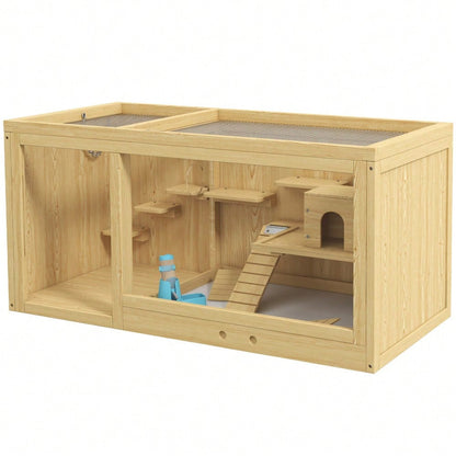Hamsterkäfig aus Holz mit öffnendem Dach, 100 cm großer Kleintierstall inkl. Schaukeln, Leitern & Häusern, für Hamster & Gerbils, naturfarben - von PawHut