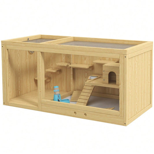 Hamsterkäfig aus Holz mit öffnendem Dach, 100 cm großer Kleintierstall inkl. Schaukeln, Leitern & Häusern, für Hamster & Gerbils, naturfarben - von PawHut