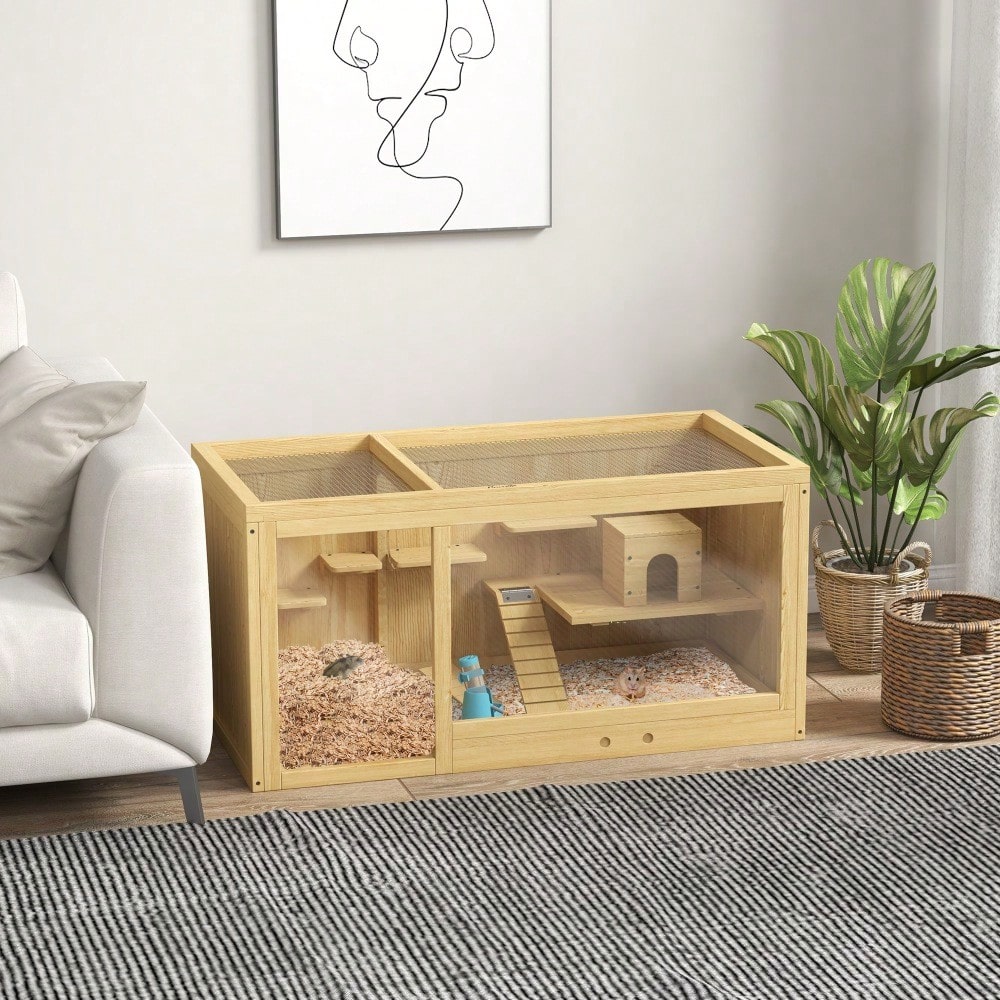Hamsterkäfig aus Holz mit öffnendem Dach, 100 cm großer Kleintierstall inkl. Schaukeln, Leitern & Häusern, für Hamster & Gerbils, naturfarben - von PawHut