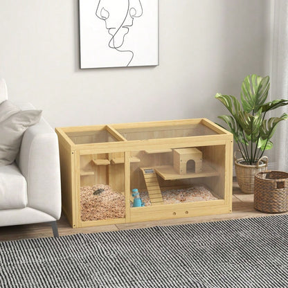 Hamsterkäfig aus Holz mit öffnendem Dach, 100 cm großer Kleintierstall inkl. Schaukeln, Leitern & Häusern, für Hamster & Gerbils, naturfarben - von PawHut