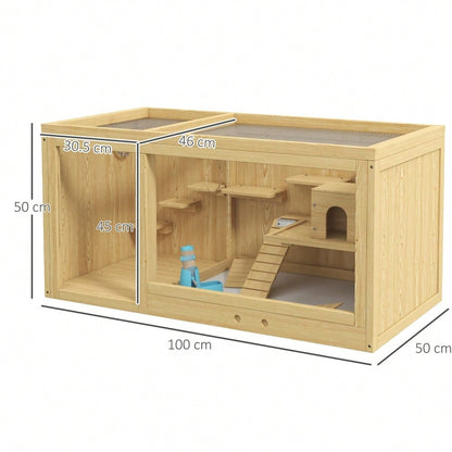 Hamsterkäfig aus Holz mit öffnendem Dach, 100 cm großer Kleintierstall inkl. Schaukeln, Leitern & Häusern, für Hamster & Gerbils, naturfarben - von PawHut