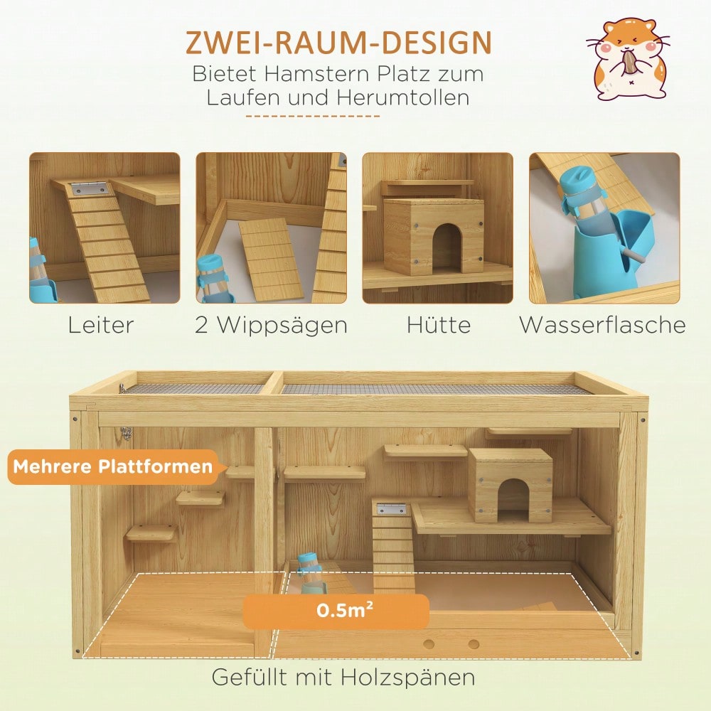 Hamsterkäfig aus Holz mit öffnendem Dach, 100 cm großer Kleintierstall inkl. Schaukeln, Leitern & Häusern, für Hamster & Gerbils, naturfarben - von PawHut