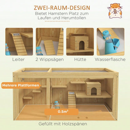 Hamsterkäfig aus Holz mit öffnendem Dach, 100 cm großer Kleintierstall inkl. Schaukeln, Leitern & Häusern, für Hamster & Gerbils, naturfarben - von PawHut