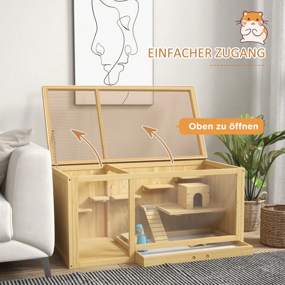 Hamsterkäfig aus Holz mit öffnendem Dach, 100 cm großer Kleintierstall inkl. Schaukeln, Leitern & Häusern, für Hamster & Gerbils, naturfarben - von PawHut