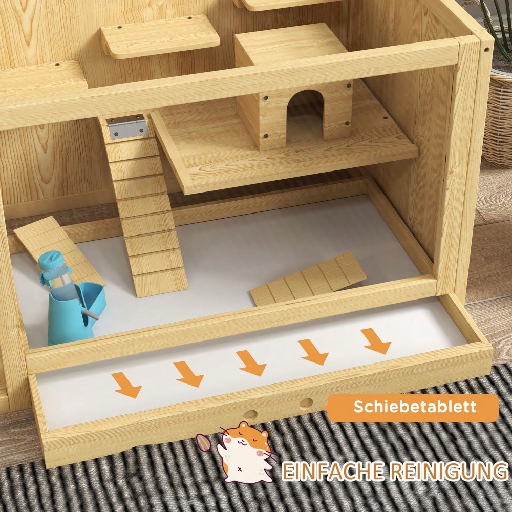 Hamsterkäfig aus Holz mit öffnendem Dach, 100 cm großer Kleintierstall inkl. Schaukeln, Leitern & Häusern, für Hamster & Gerbils, naturfarben - von PawHut