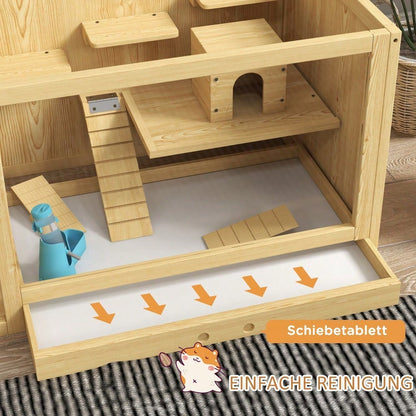 Hamsterkäfig aus Holz mit öffnendem Dach, 100 cm großer Kleintierstall inkl. Schaukeln, Leitern & Häusern, für Hamster & Gerbils, naturfarben - von PawHut