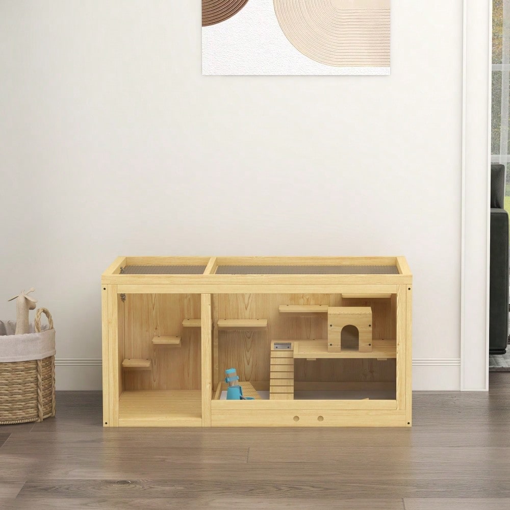 Hamsterkäfig aus Holz mit öffnendem Dach, 100 cm großer Kleintierstall inkl. Schaukeln, Leitern & Häusern, für Hamster & Gerbils, naturfarben - von PawHut