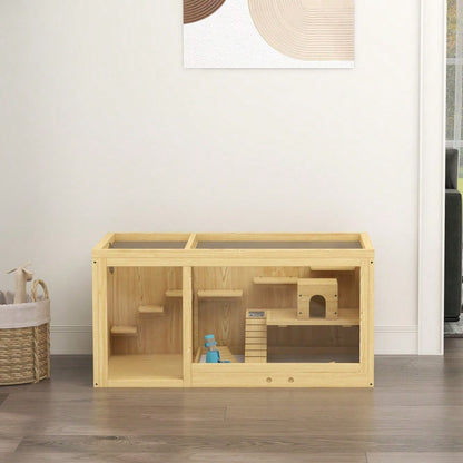 Hamsterkäfig aus Holz mit öffnendem Dach, 100 cm großer Kleintierstall inkl. Schaukeln, Leitern & Häusern, für Hamster & Gerbils, naturfarben - von PawHut