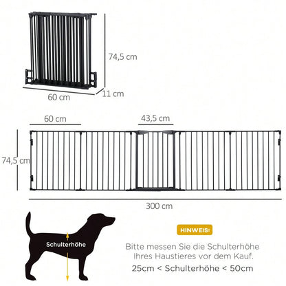 2-in-1 Welpenauslauf mit Tür, klappbar & verstellbar, 5-teiliges Absperrgitter für kleine & mittelgroße Hunde, 300x74,5 cm, Metall - schwarz von PawHut