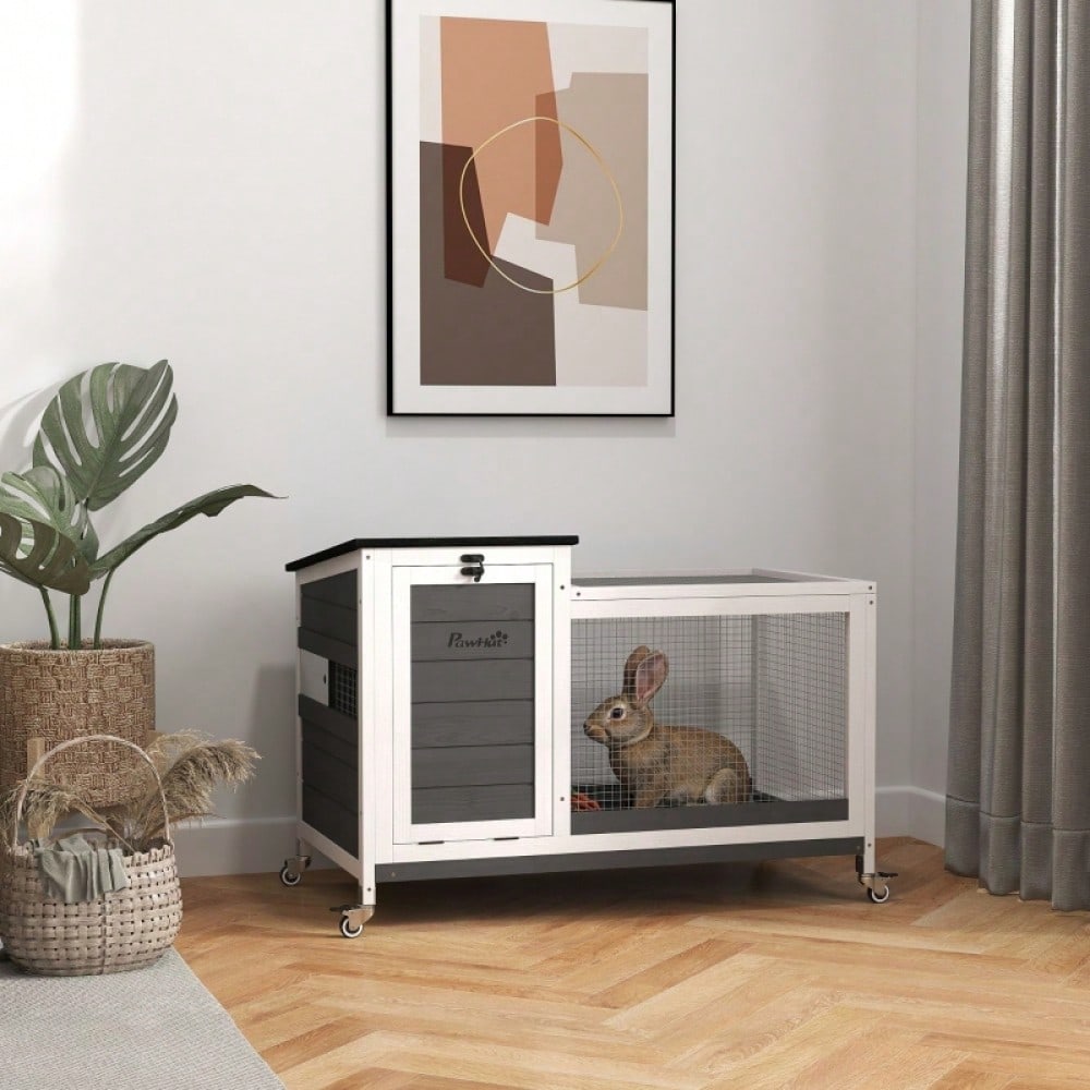 Kaninchenstall aus Holz mit Freilaufgehege & Klappdach, mobiler Hasenstall mit Rädern für Innen & Außen, 92x52x67 cm, dunkelgrau - von PawHut